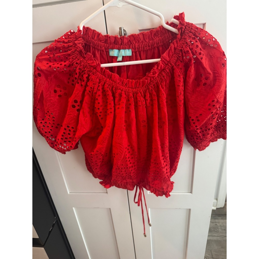 Melissa Odabash Red Eyelet Off Shoulder Crop Top Puff Sleeve‎ XS